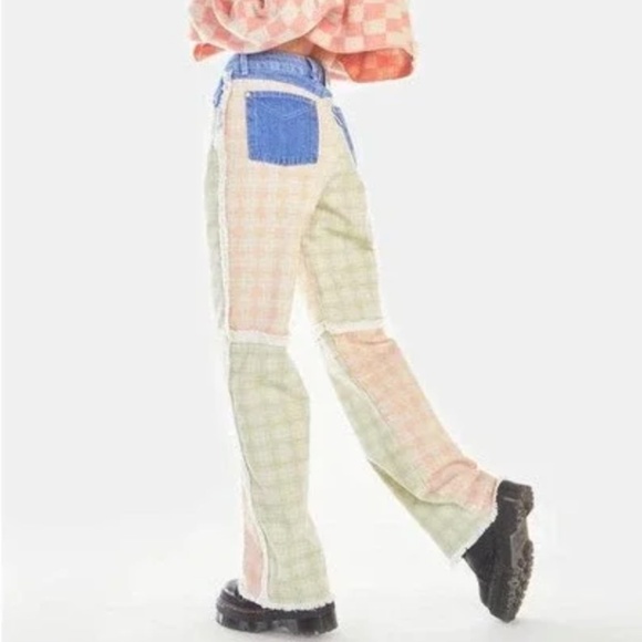 NEW Ragged Priest Multicolor Patchwork‎ Check Wide Leg Jeans Size 28 Fringe Boho - Picture 3 of 12